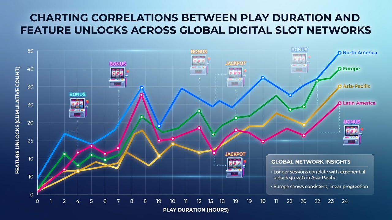 Global digital slot network visualization showing play duration metrics alongside feature unlock timelines