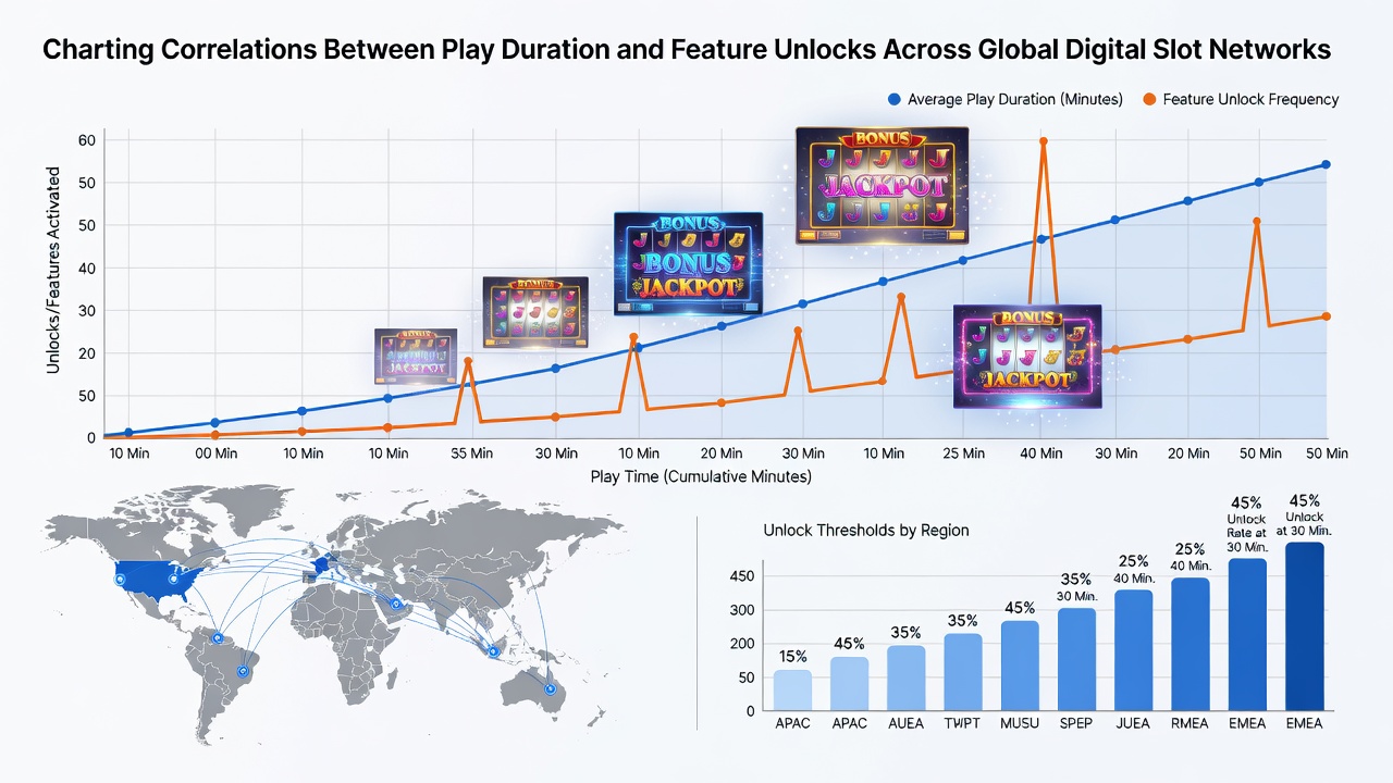 Chart displaying statistical correlations of play duration versus feature unlock frequency in slot networks