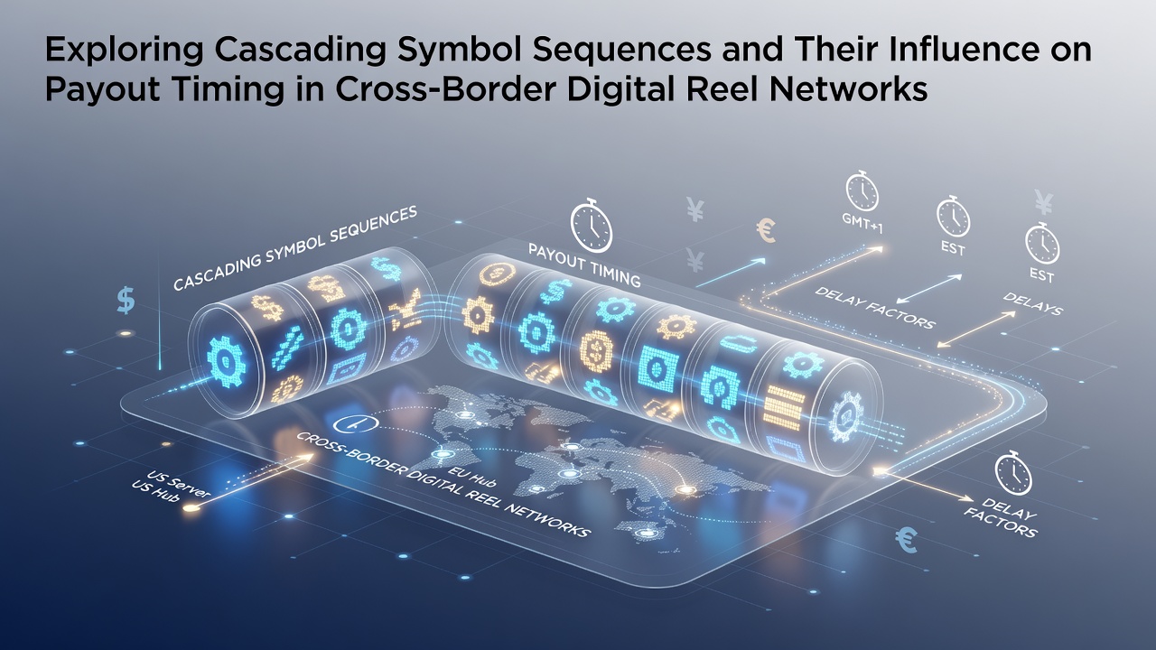 Digital reel interface displaying cascading symbols during a multi-stage payout sequence in a cross-border gaming network