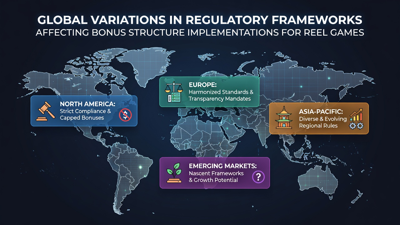 Global map illustrating regulatory variations affecting bonus structures in reel games across different regions