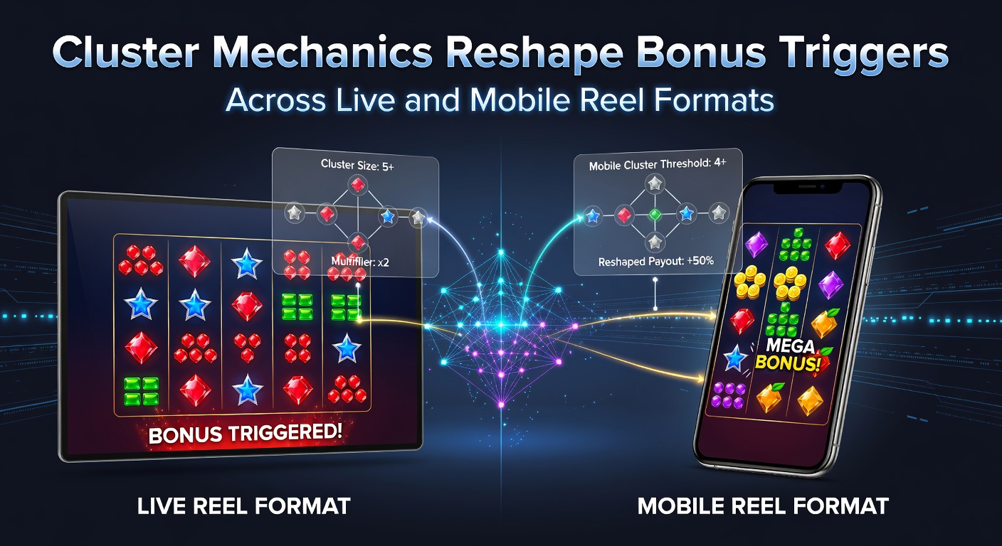 Illustration of cluster pay mechanics on slot reels showing grouped symbols triggering features