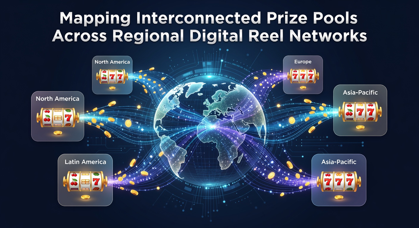 Diagram illustrating prize pool connections across digital reel networks in multiple regions