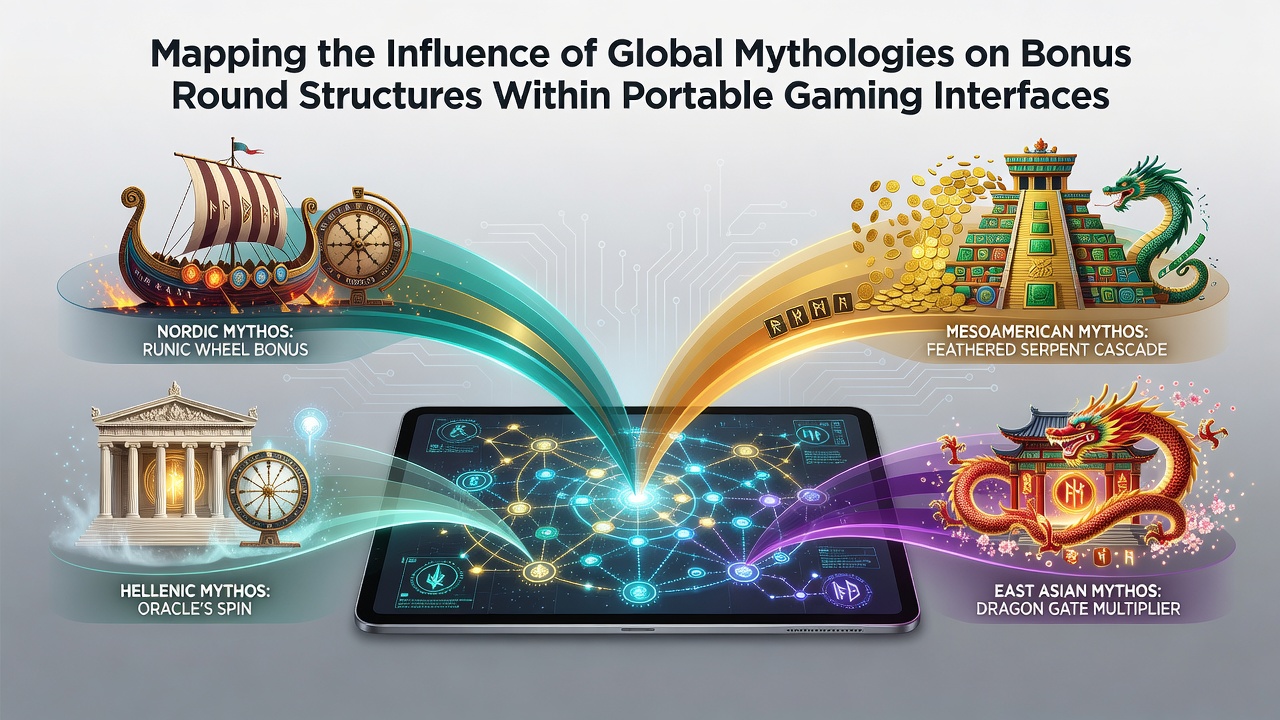 Illustration showing mythological symbols integrated into mobile slot bonus interfaces across cultures