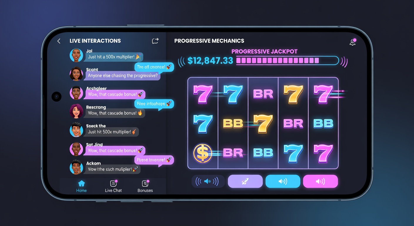 Group of players using mobile devices with live chat overlays and shared progressive jackpot displays
