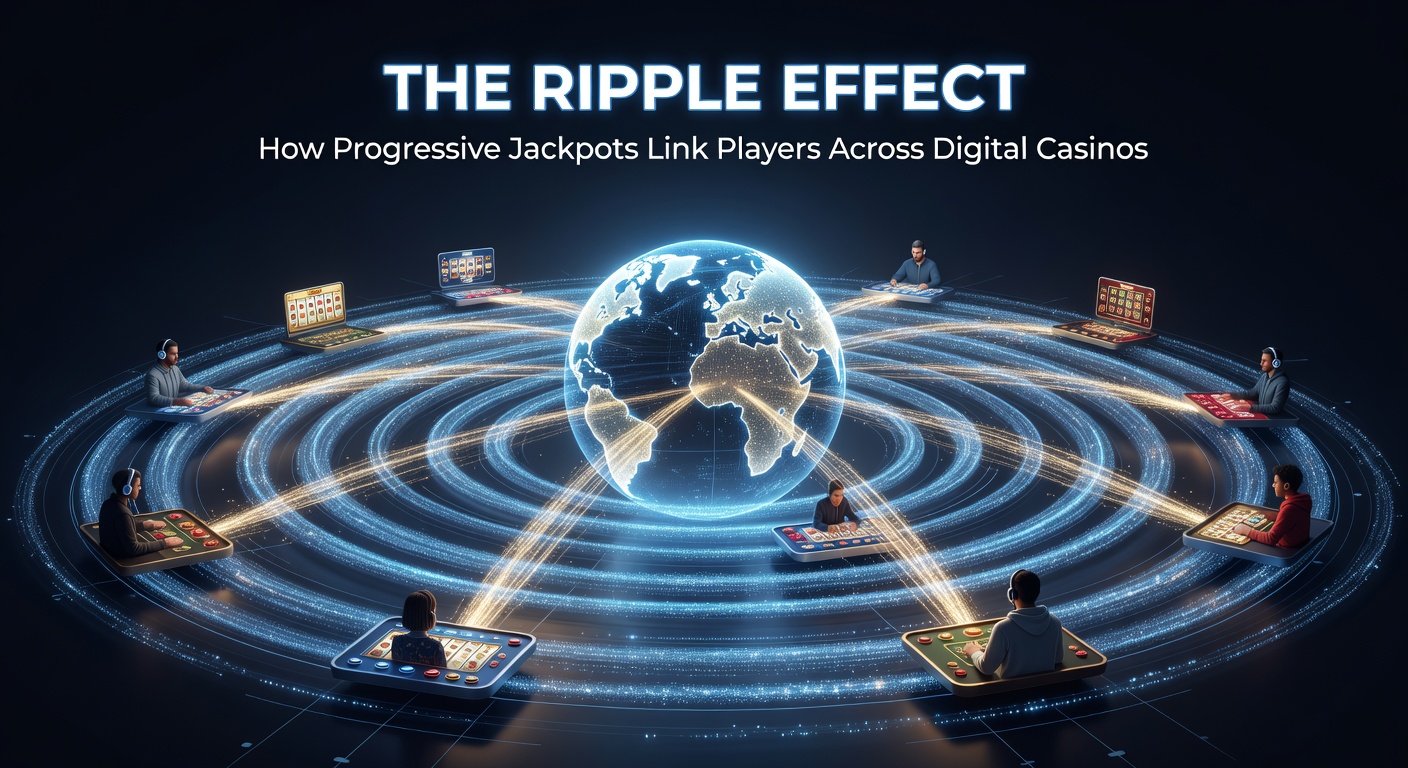 Network diagram illustrating progressive jackpot flows between global online casinos, with jackpot meters and player icons connected by lines