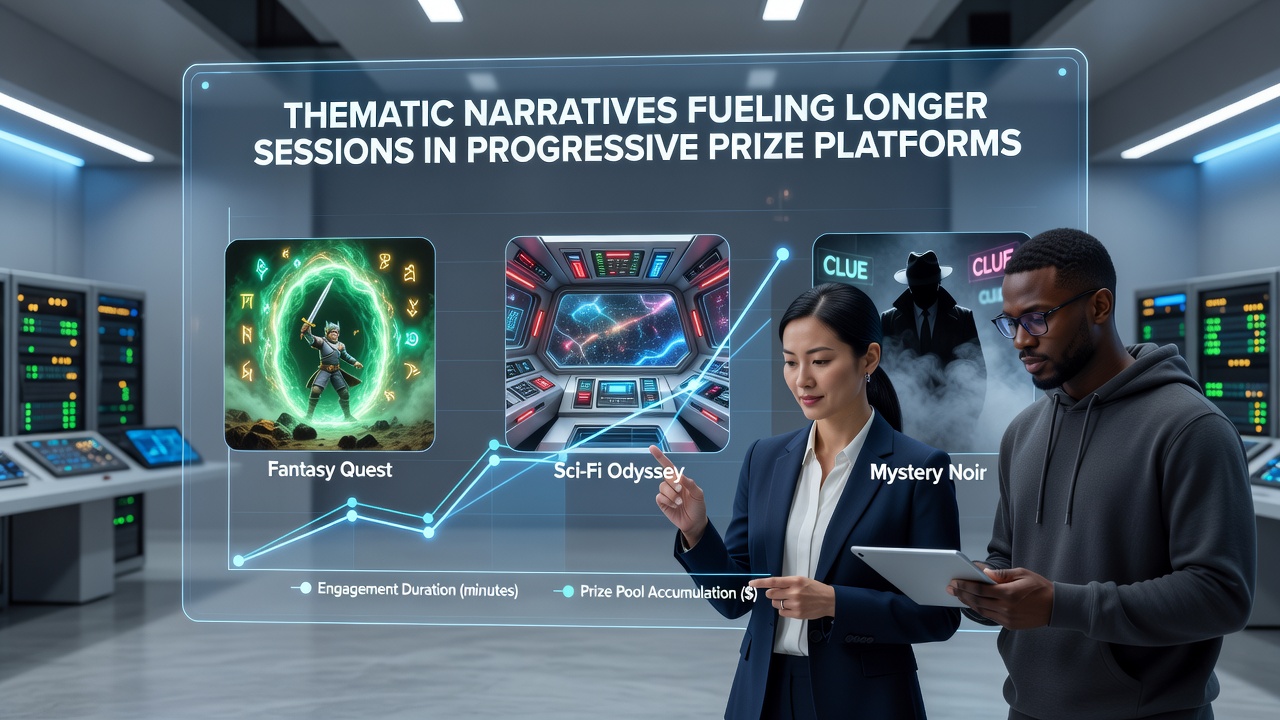 Thematic elements in progressive jackpot platforms showing narrative-driven gameplay interfaces