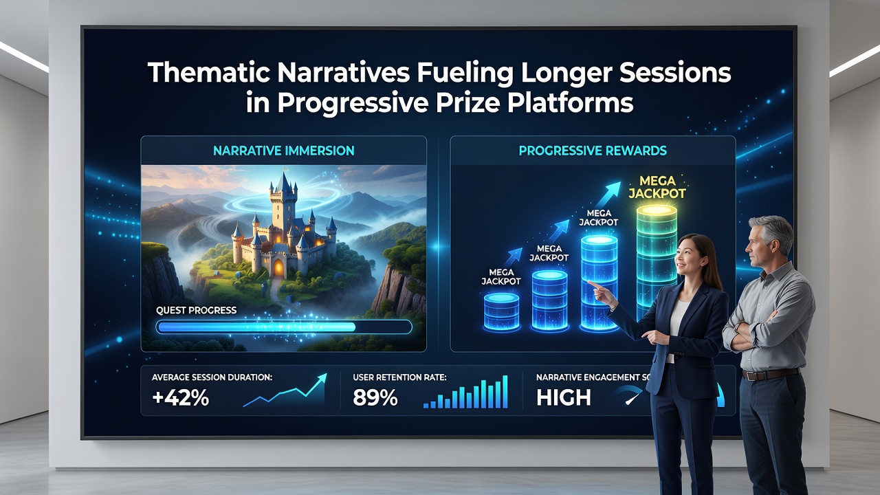 Player engagement metrics displayed alongside narrative progression screens in progressive platforms